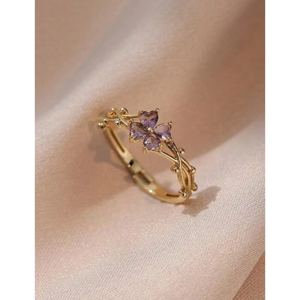 Stainless Steel Purple Four-leaf Clover Floral & Cubic Zirconia Open Ring